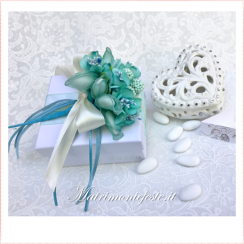 FOTO ESEMPIO - Scatola cuore ceramica e bouquet portaconfetti  tiffany/avorio/fuxia